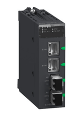 Schneider BMXNRP0201 fiber converter module, Modicon X80, single mode with Ethernet ports and indicators.